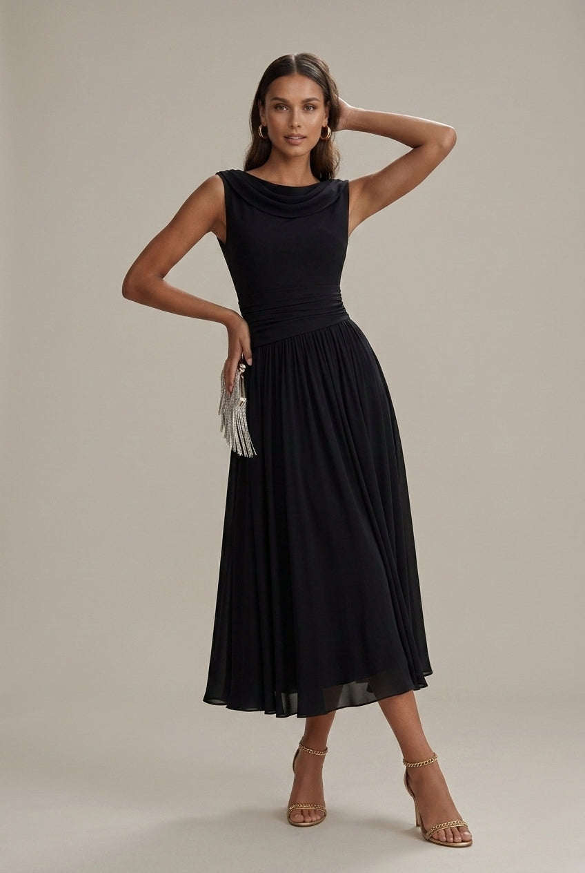 Damen Midi-Kleid, ärmellos mit Wickelausschnitt und Faltenrock