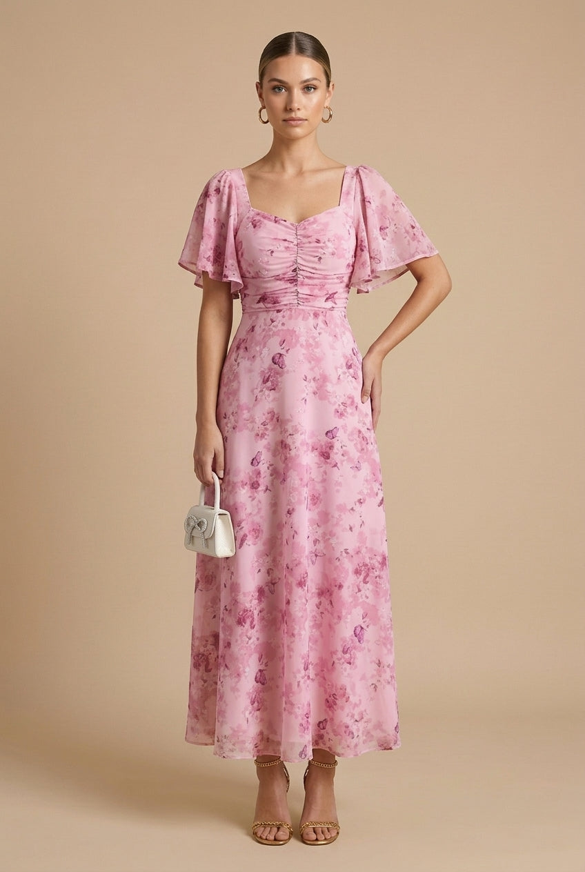 Damen Maxikleid mit Blumenmuster, quadratischem Ausschnitt und Puffärmeln