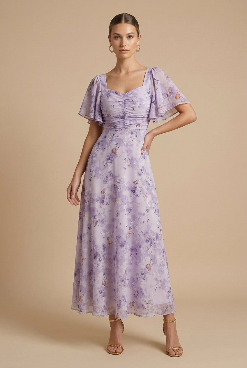 Damen Maxikleid mit Blumenmuster, quadratischem Ausschnitt und Puffärmeln