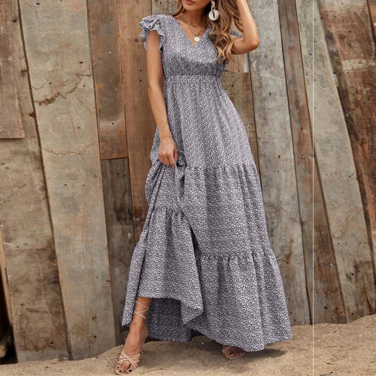 Bohemien Kleid mit V Ausschnitt und Blumenprint kurze Ärmel