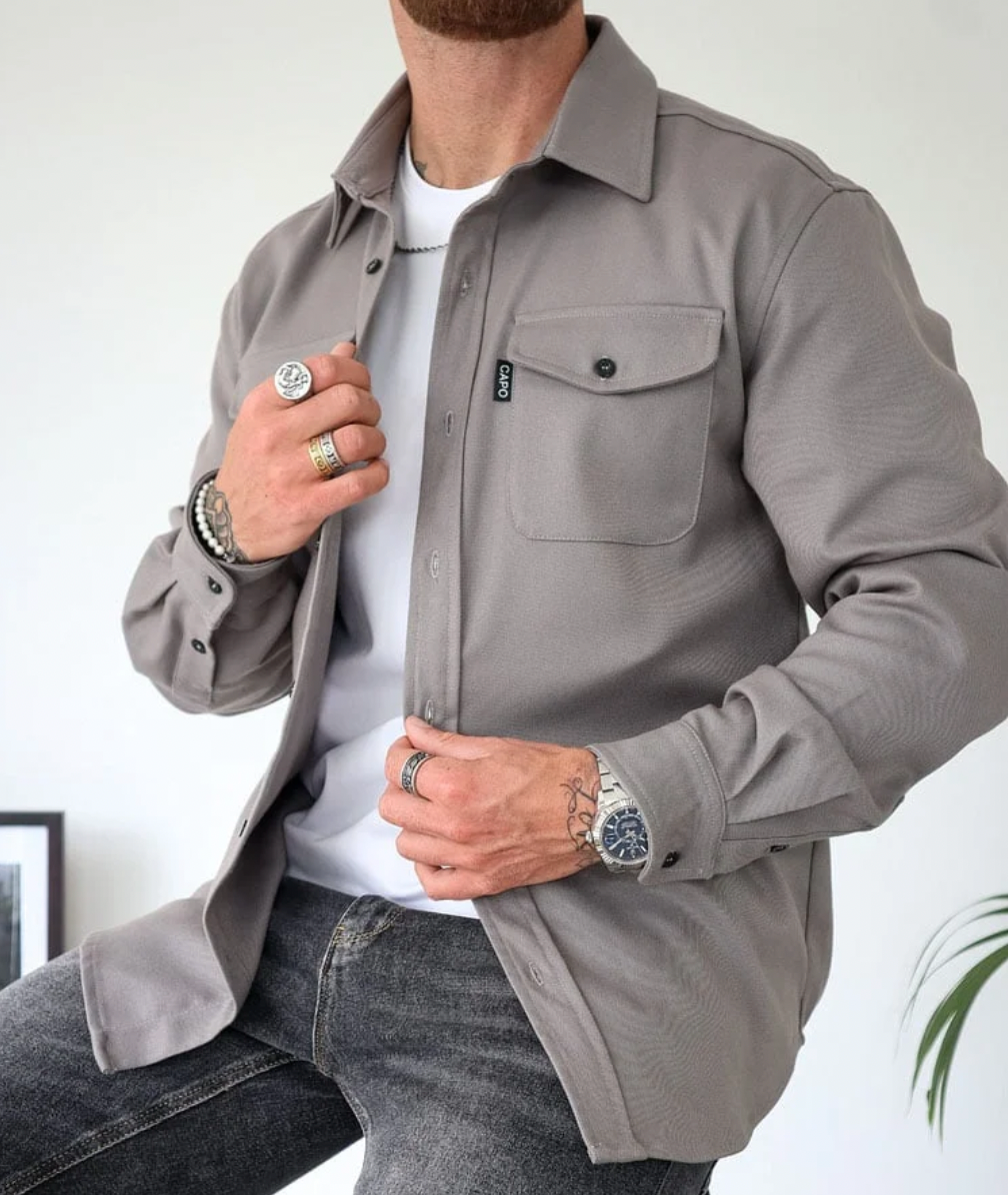 Herren Hemdjacke mit Knopfleiste Brusttaschen lässig