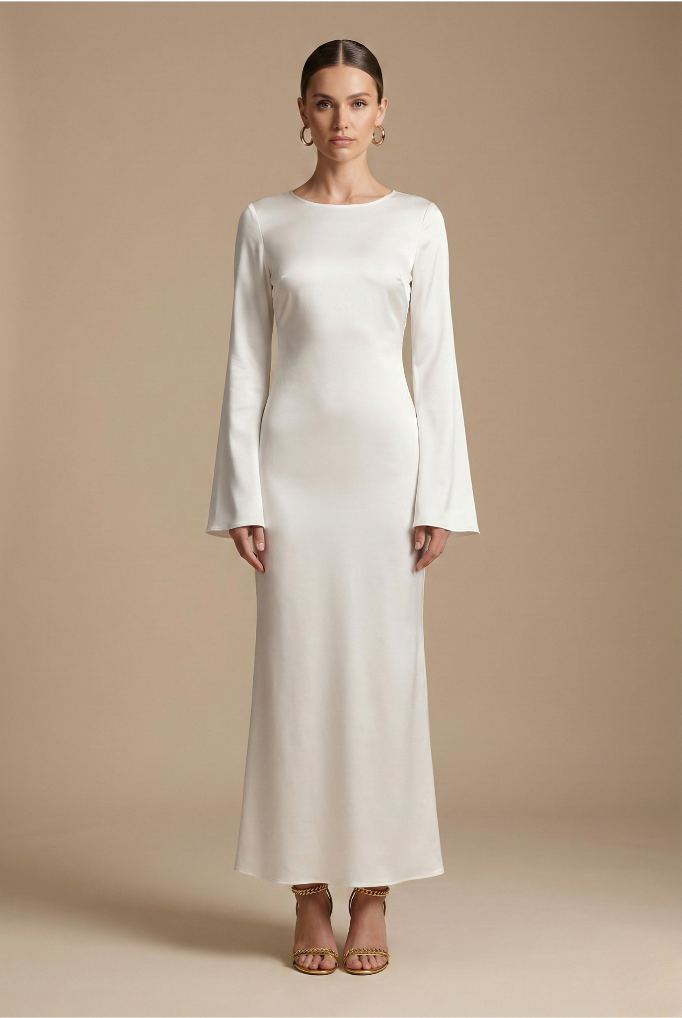 Damen Satin Maxikleid mit langen Ärmeln, rundem Ausschnitt und Taillenband