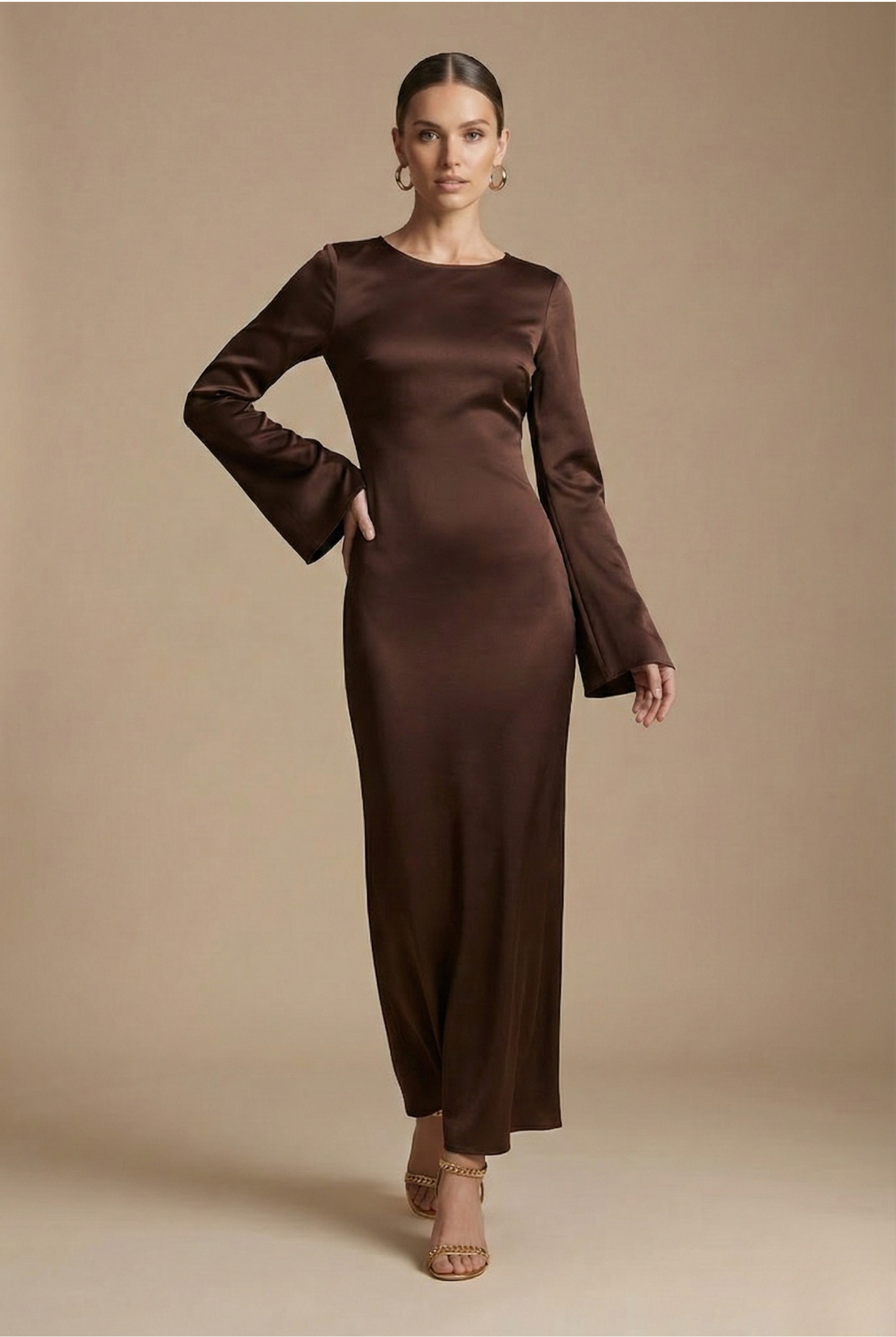 Damen Satin Maxikleid mit langen Ärmeln, rundem Ausschnitt und Taillenband