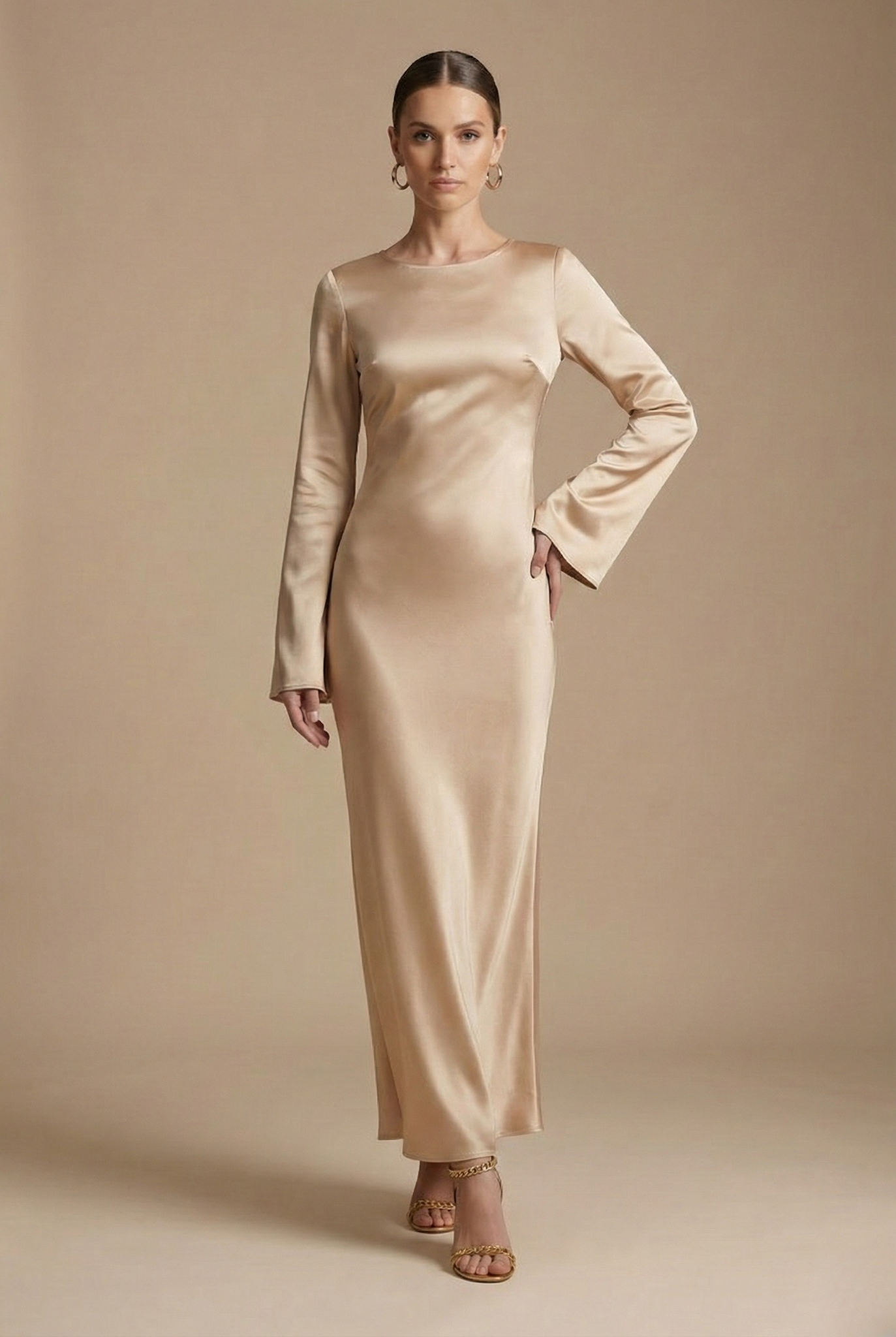 Damen Satin Maxikleid mit langen Ärmeln, rundem Ausschnitt und Taillenband