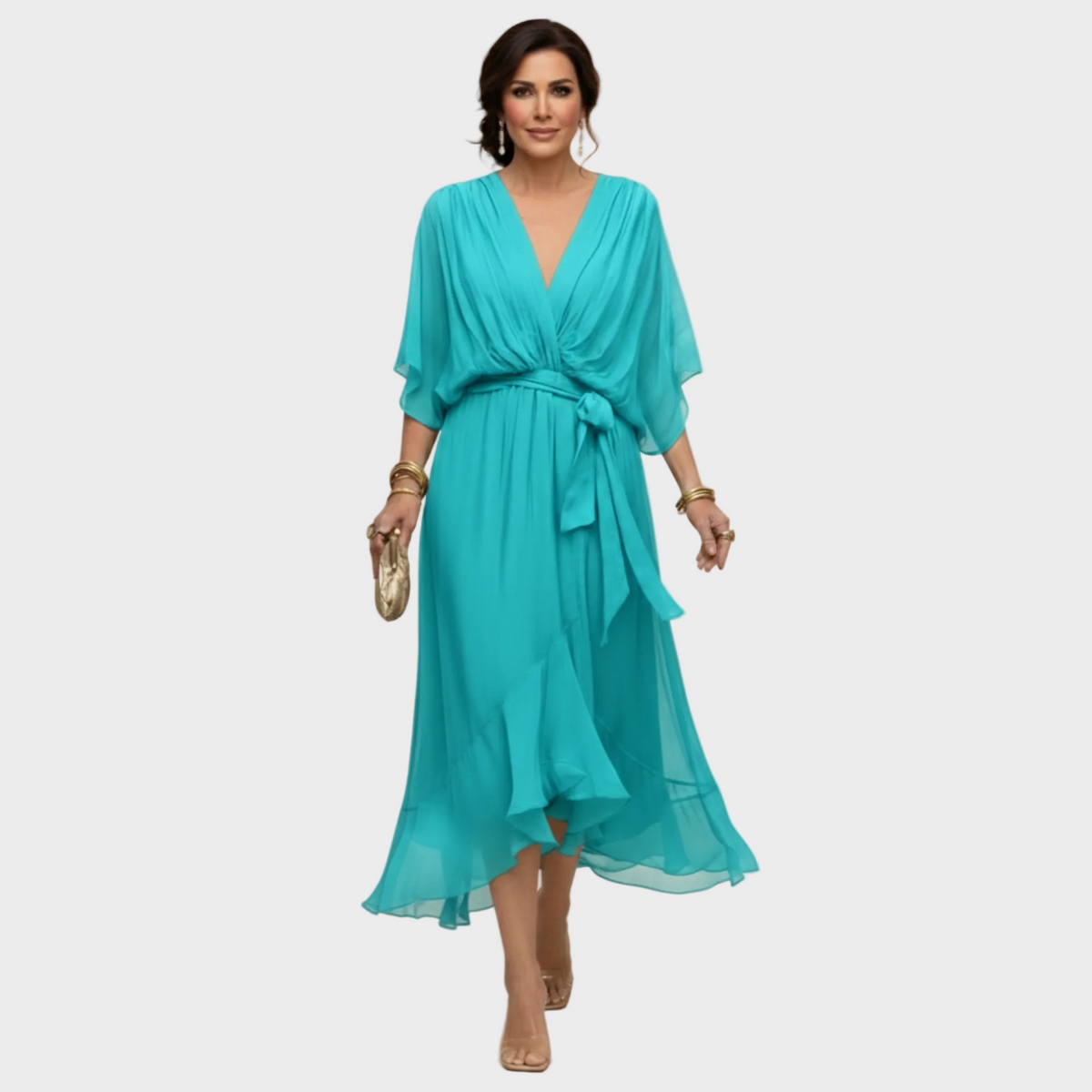 Damen Midi Chiffonkleid mit V Ausschnitt und Bindegürtel