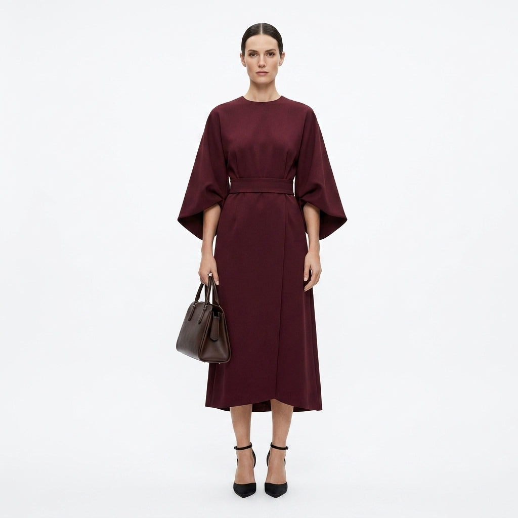 Damen Midikleid mit Bindegürtel und A-Linie