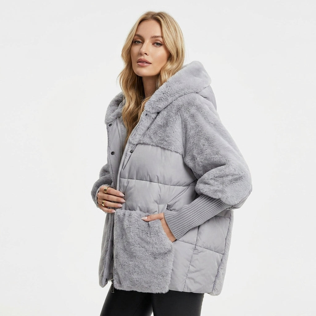 Damen Steppjacke mit Kapuze und Fleecebesatz
