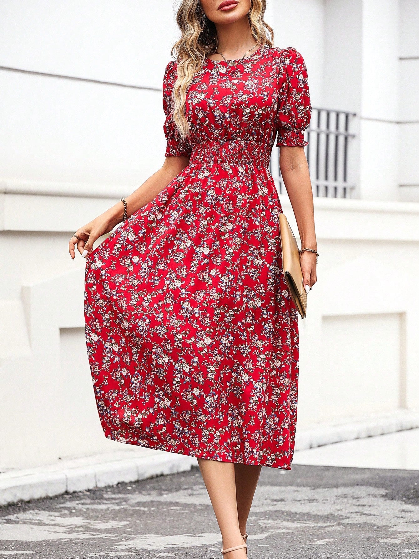 Blumendruck Puffärmel Raffung Taille A Linie Midikleid