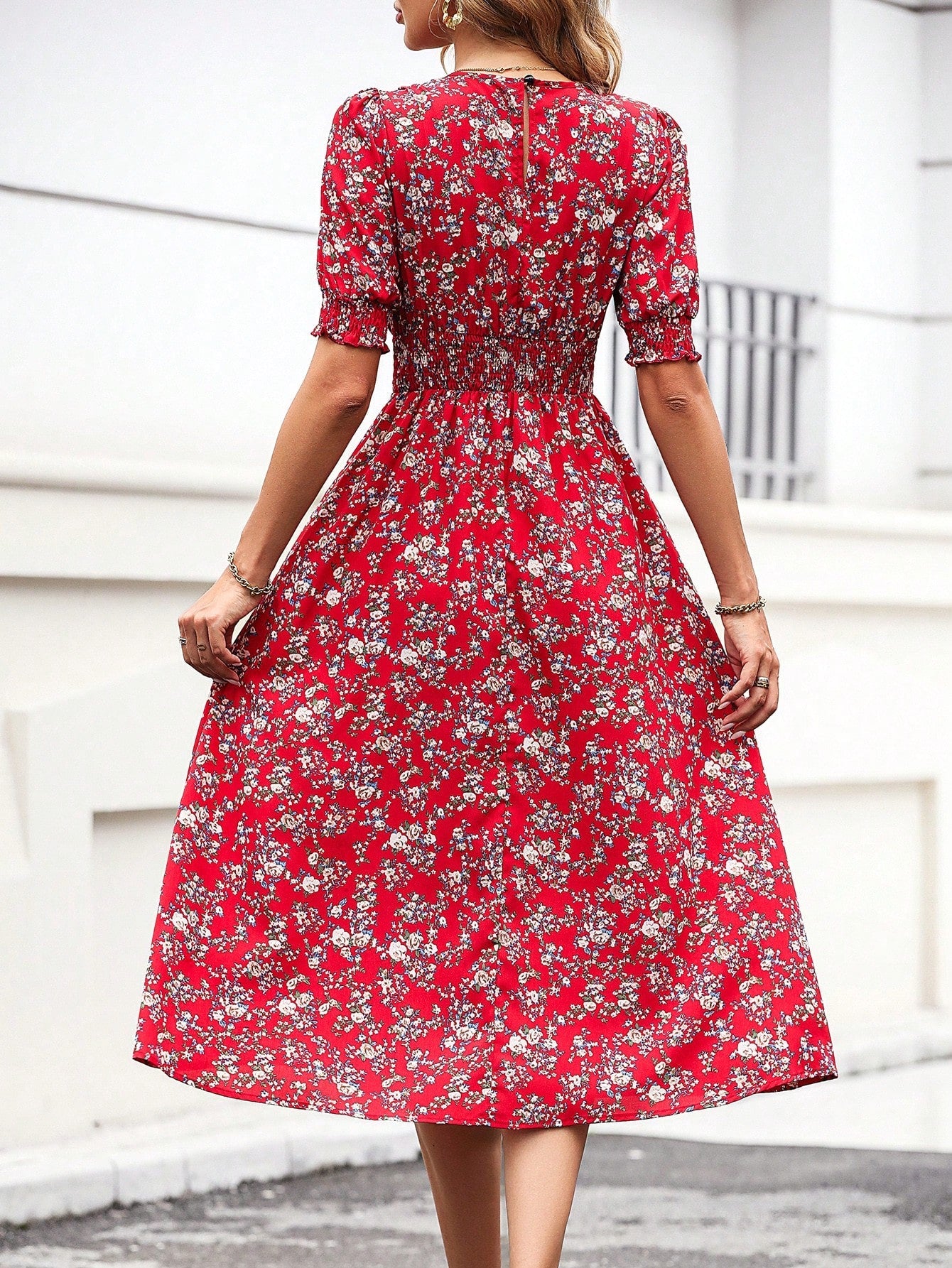 Blumendruck Puffärmel Raffung Taille A Linie Midikleid