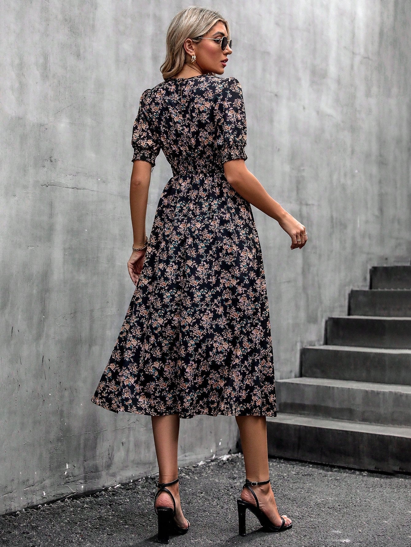 Blumendruck Puffärmel Raffung Taille A Linie Midikleid