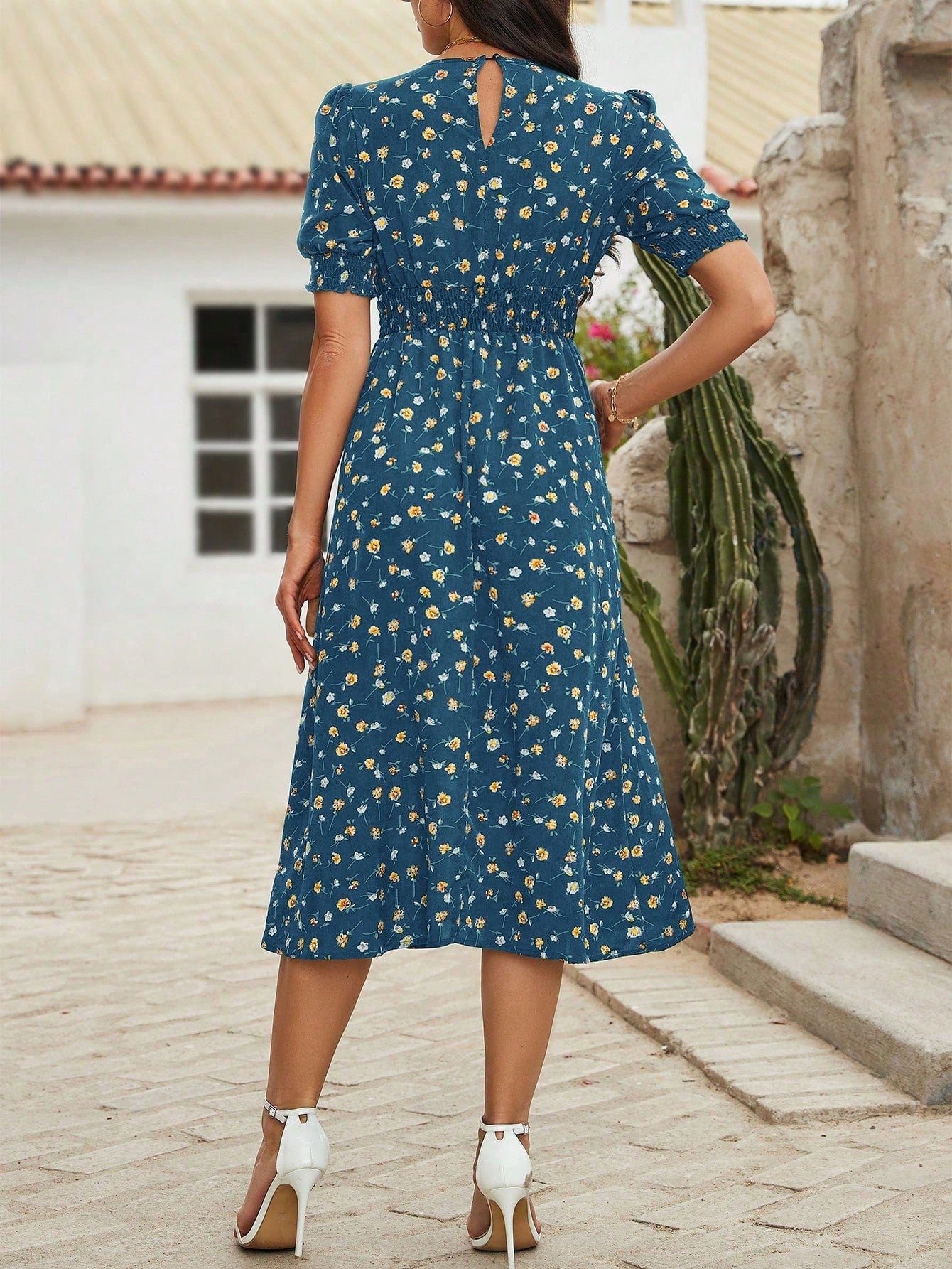 Blumendruck Puffärmel Raffung Taille A Linie Midikleid