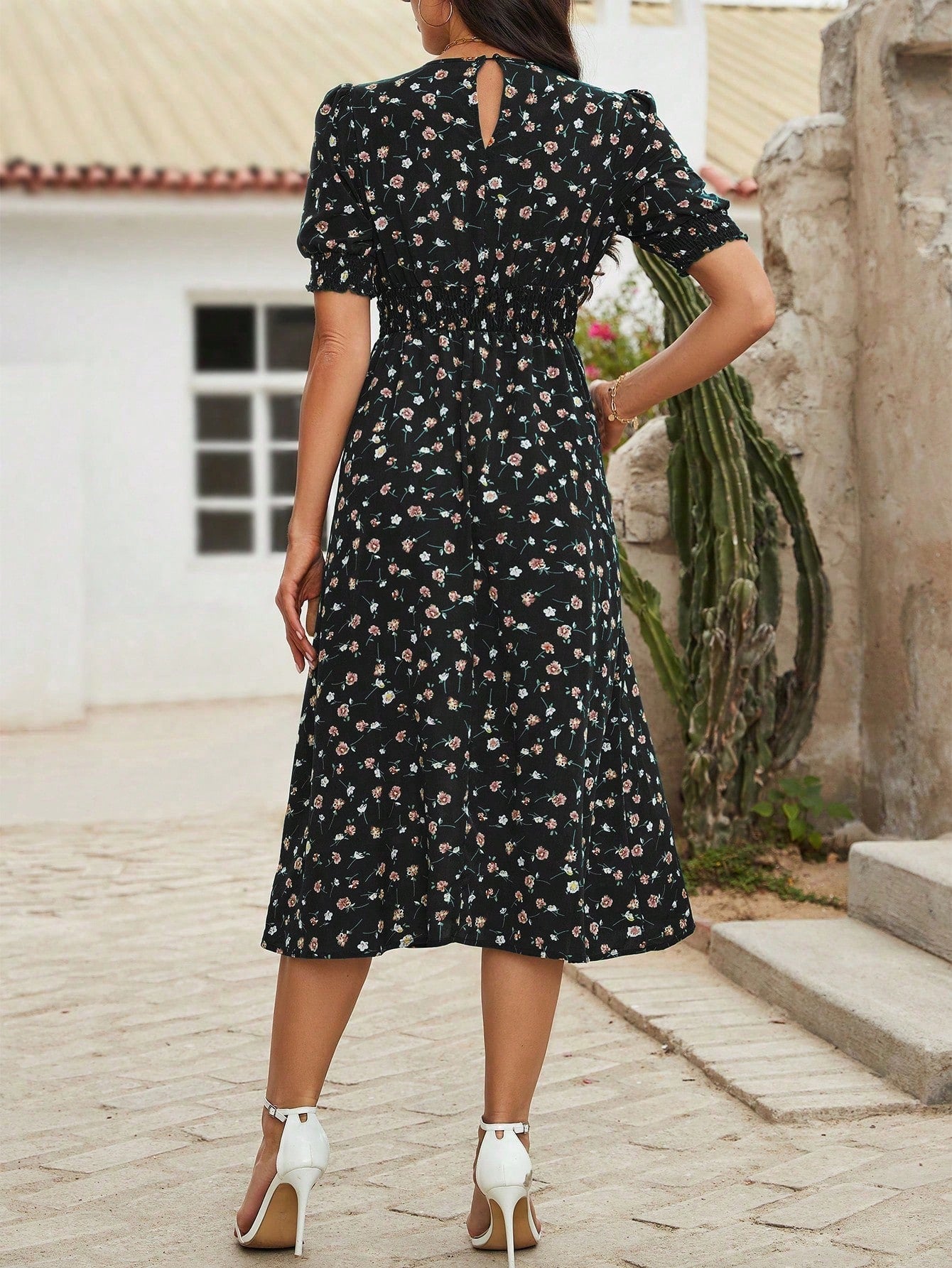 Blumendruck Puffärmel Raffung Taille A Linie Midikleid