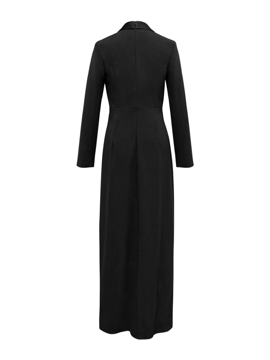 Langarm-Skinny-Maxikleid mit tiefem V-Ausschnitt – Unifarben