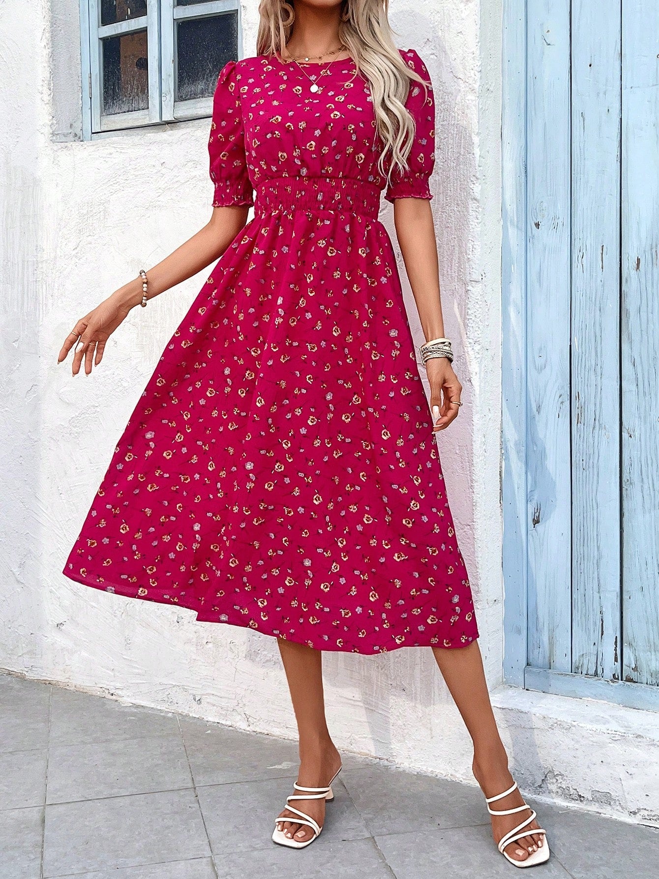 Blumendruck Puffärmel Raffung Taille A Linie Midikleid