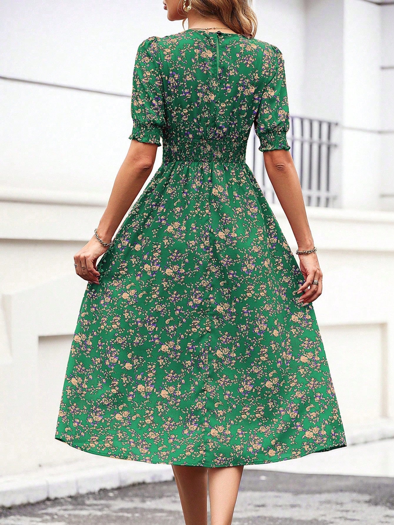 Blumendruck Puffärmel Raffung Taille A Linie Midikleid