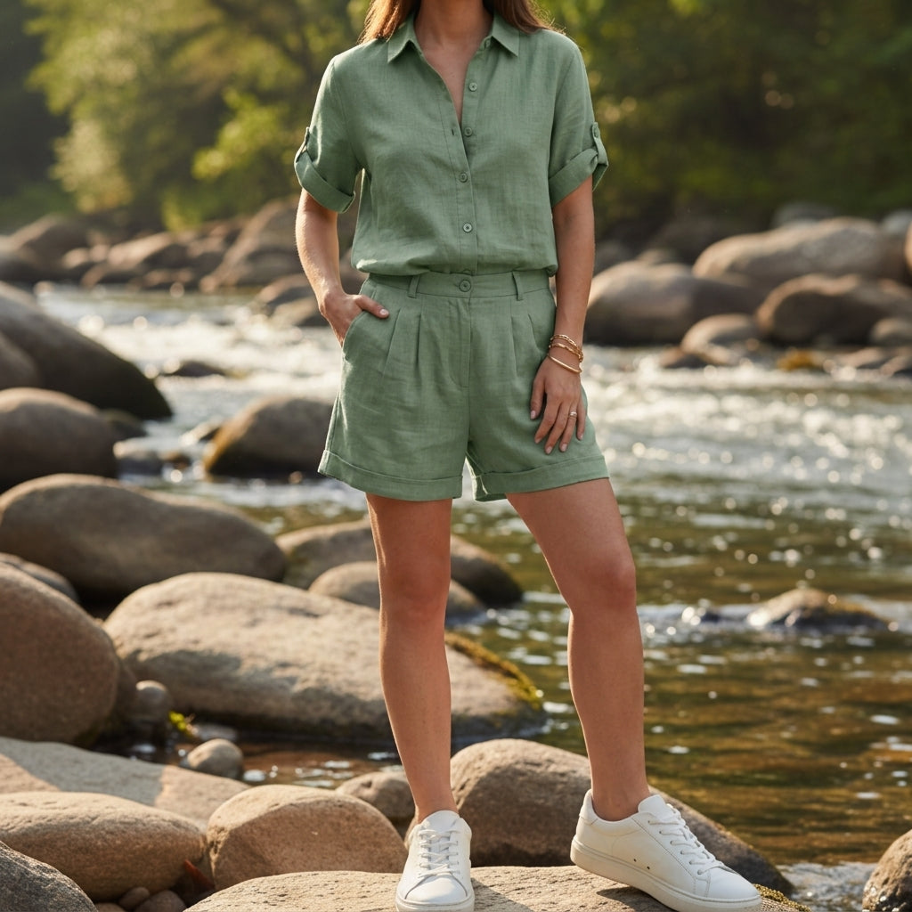 Amelia Damen Leinen Zweiteiler mit Hemd und Shorts