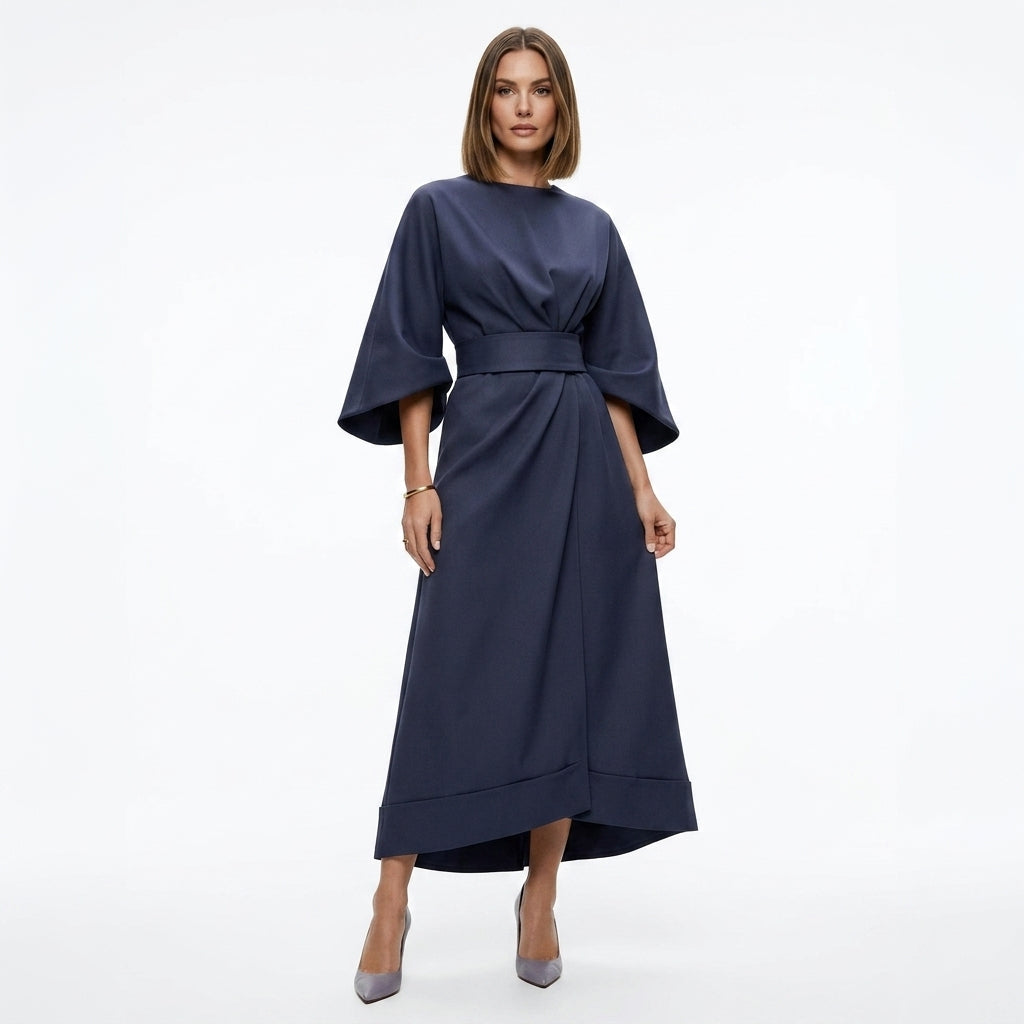 Damen Midikleid mit Bindegürtel und A-Linie