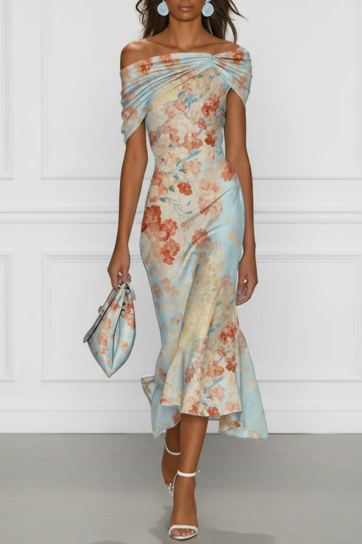 Damen Mermaid Midi Kleid mit One Shoulder und Blumenprint