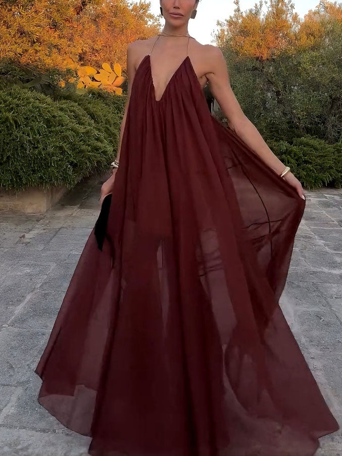 Elegantes Chiffon Maxikleid mit V Ausschnitt fließender Schnitt
