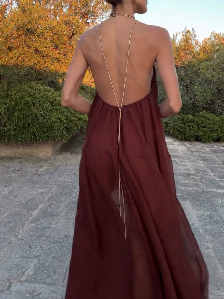Elegantes Chiffon Maxikleid mit V Ausschnitt fließender Schnitt