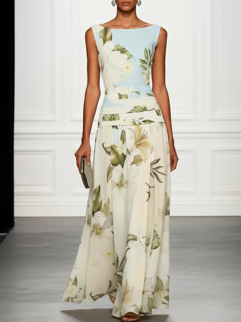 Fresh ärmelloses Party Maxikleid mit Bootsausschnitt und Print