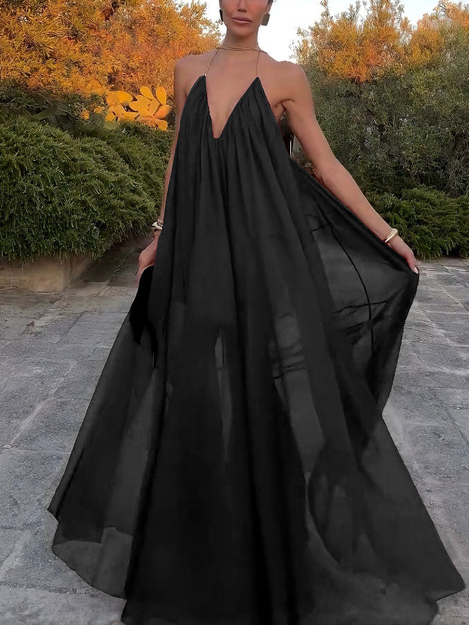 Elegantes Chiffon Maxikleid mit V Ausschnitt fließender Schnitt