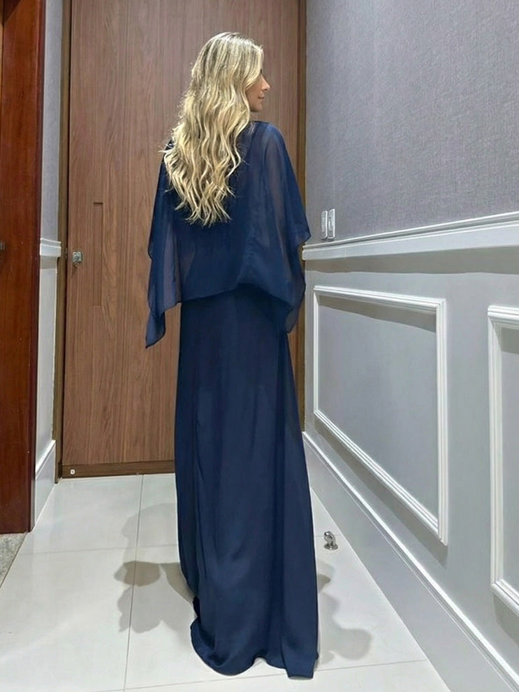 Chiffon Cape Top und weite Hose Zweiteiler Set
