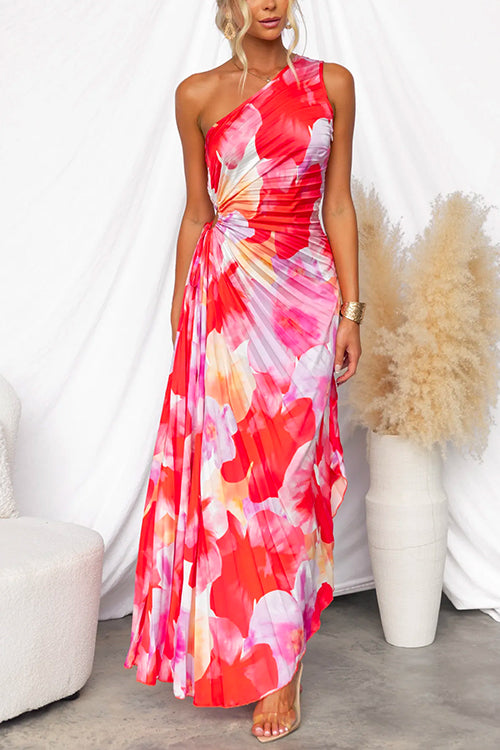 Damen One Shoulder Maxikleid mit Print asymmetrischem Schnitt und Falten