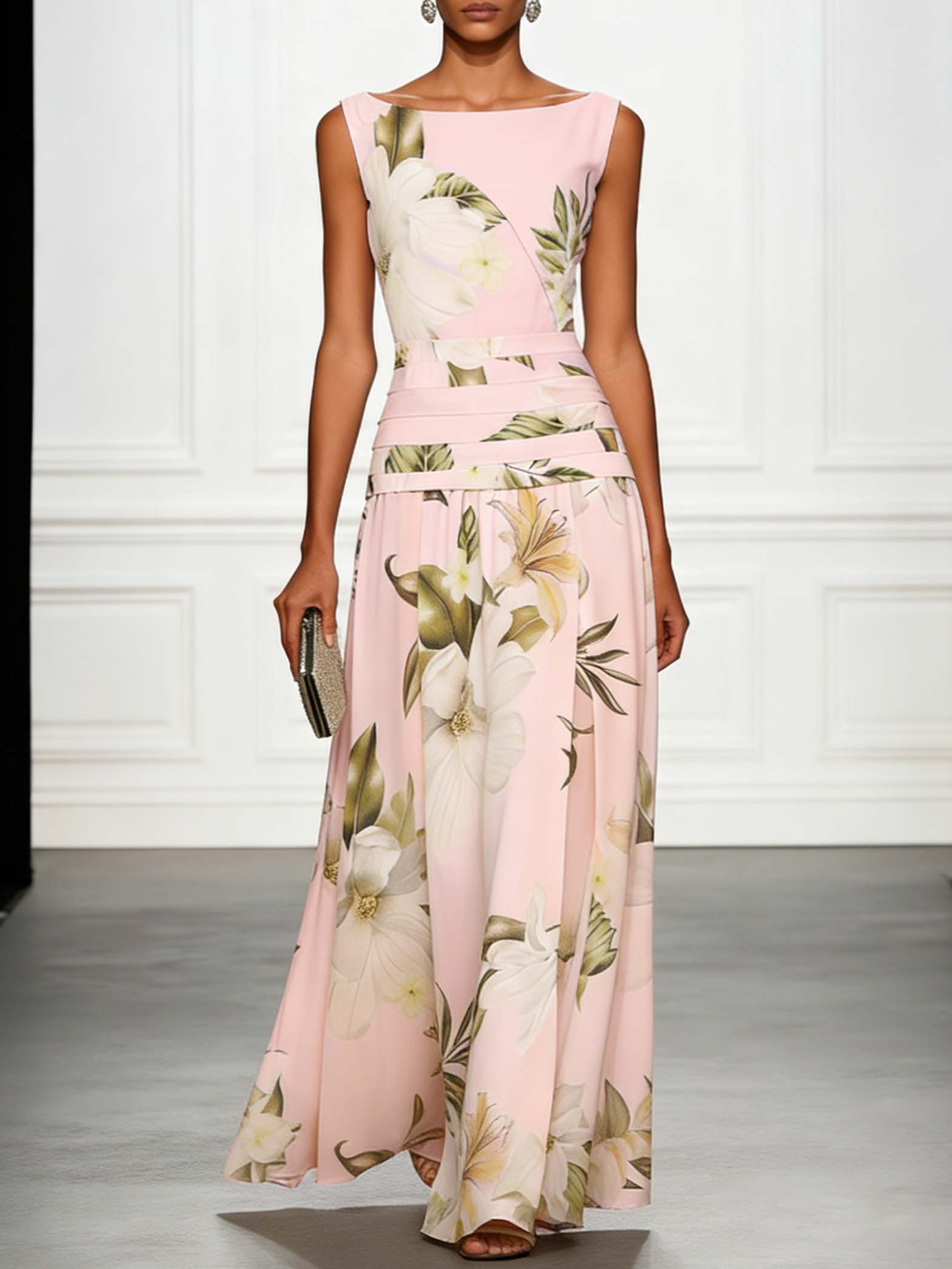 Fresh ärmelloses Party Maxikleid mit Bootsausschnitt und Print