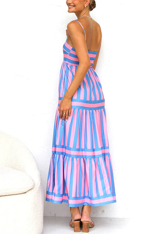 Spaghettiträger Maxikleid mit Color Block Streifen und abgestuften Lagen