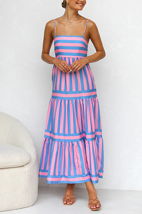Spaghettiträger Maxikleid mit Color Block Streifen und abgestuften Lagen