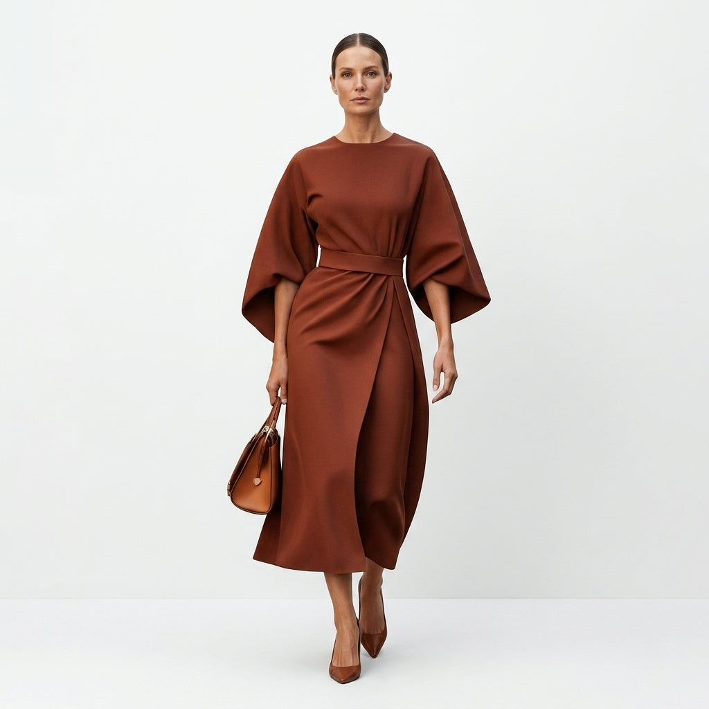 Damen Midikleid mit Bindegürtel und A-Linie