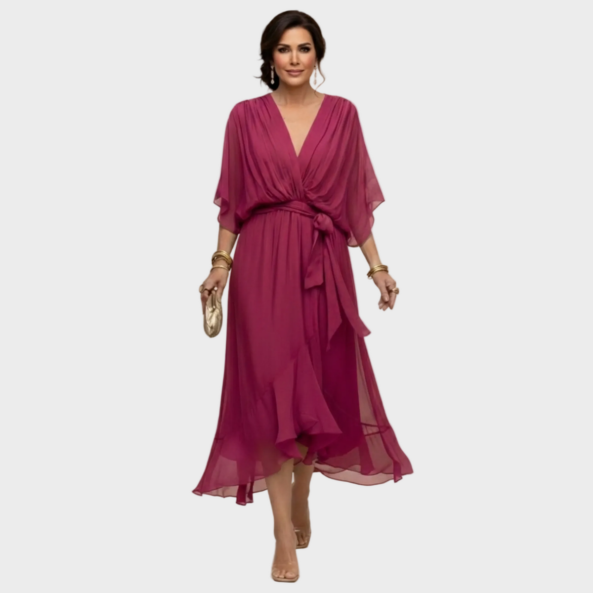 Damen Midi Chiffonkleid mit V Ausschnitt und Bindegürtel
