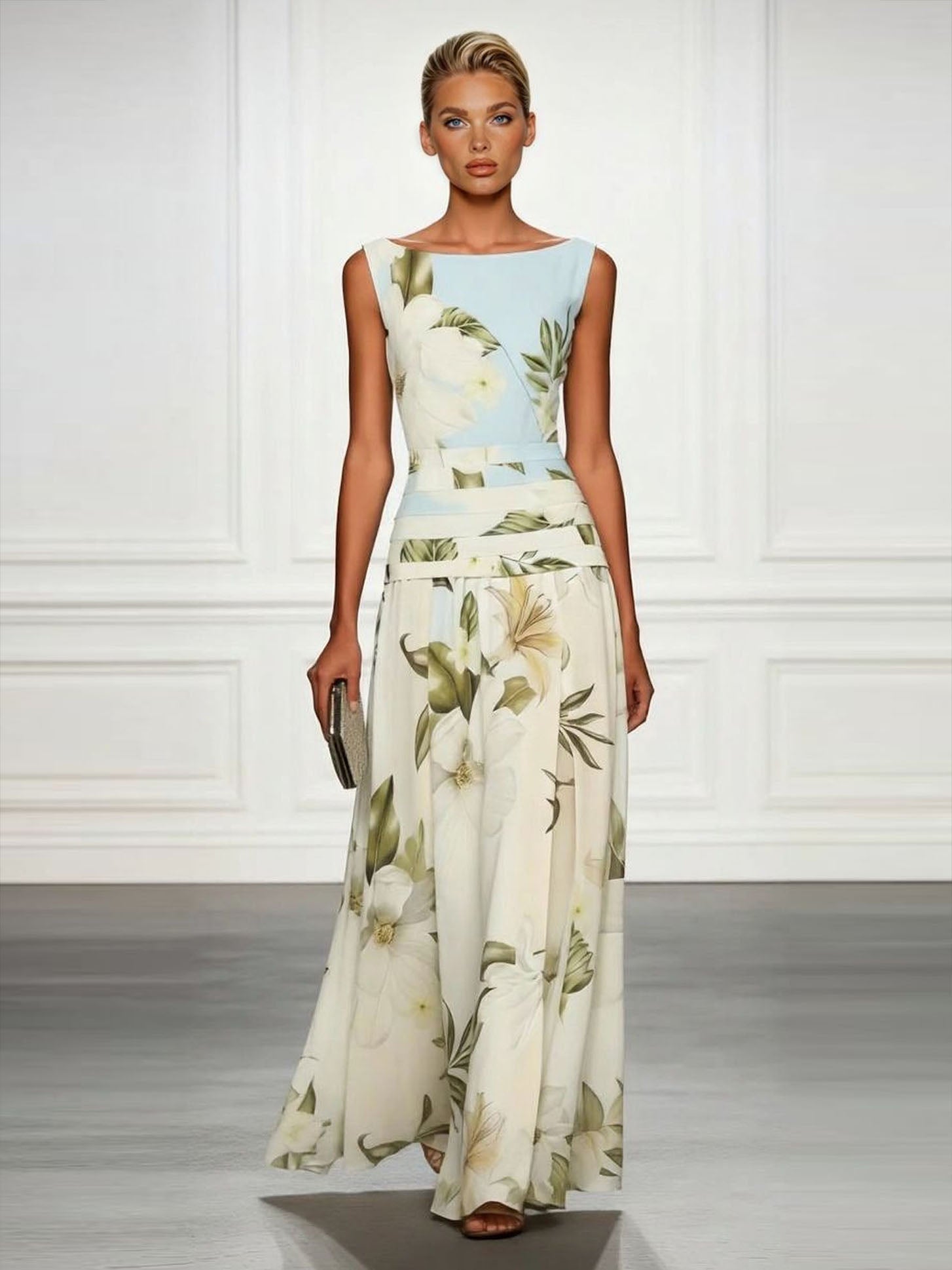 Fresh ärmelloses Party Maxikleid mit Bootsausschnitt und Print