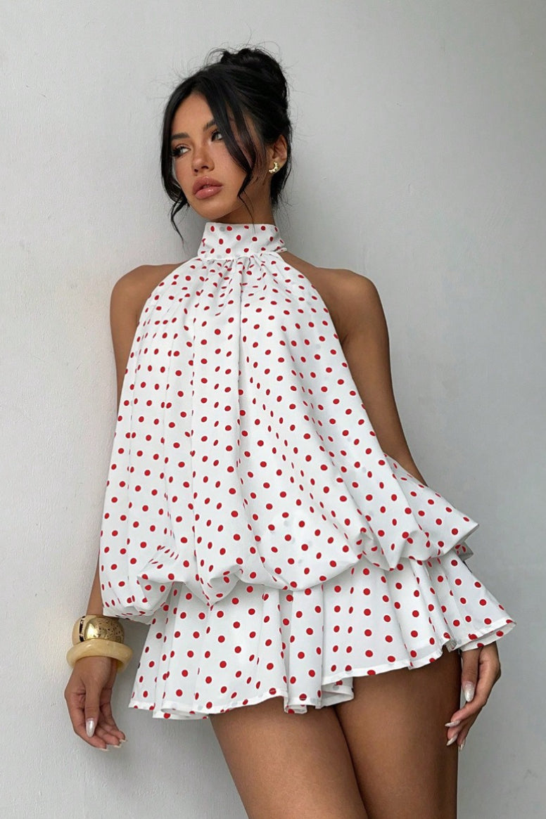 Polka Dot Halfter Minikleid mit rückenfreier Schnürung