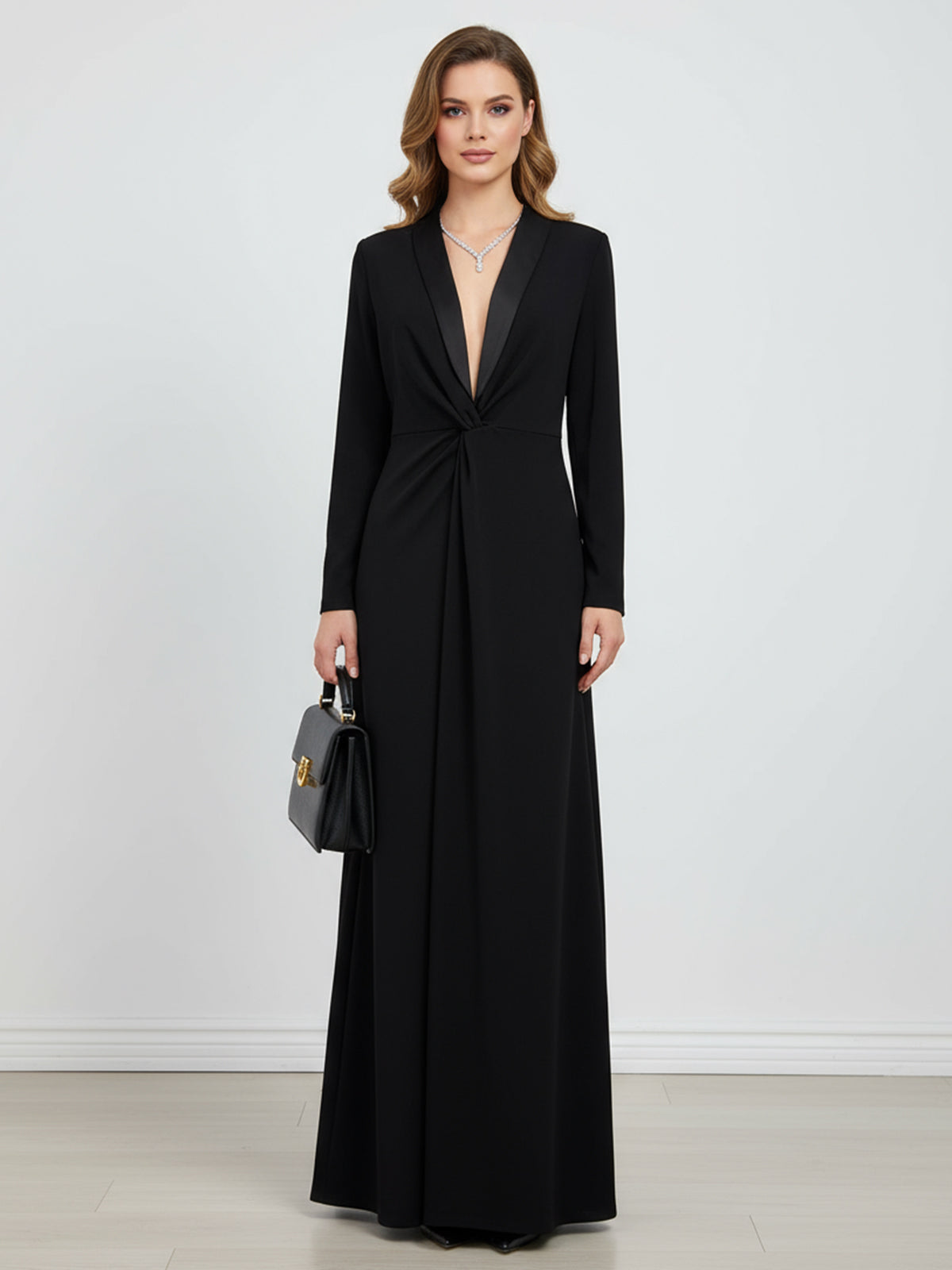 Langarm-Skinny-Maxikleid mit tiefem V-Ausschnitt – Unifarben