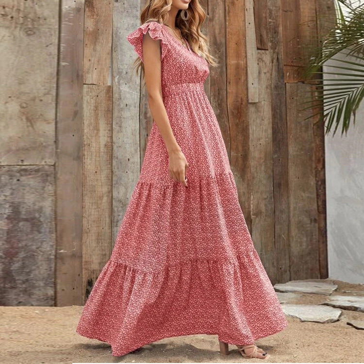 Bohemien Kleid mit V Ausschnitt und Blumenprint kurze Ärmel