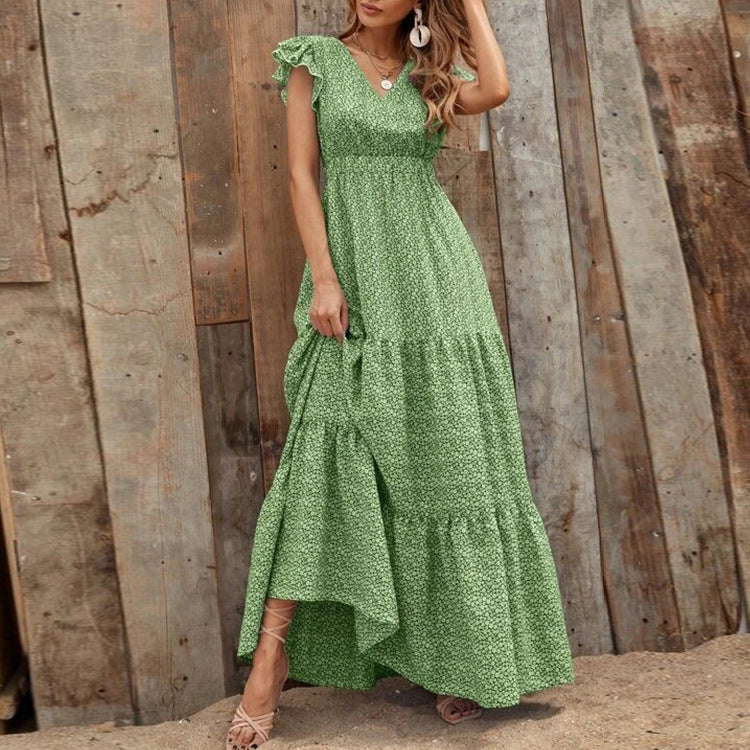 Bohemien Kleid mit V Ausschnitt und Blumenprint kurze Ärmel