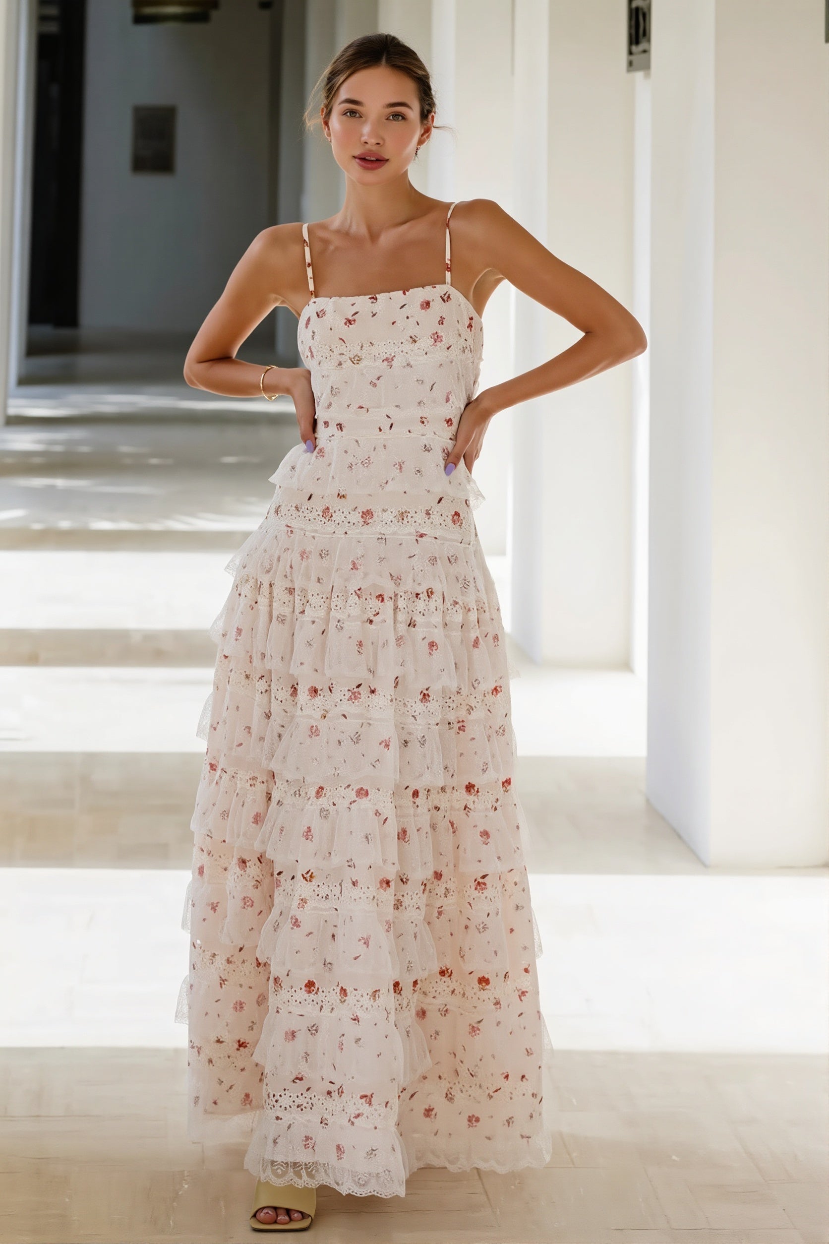 Sexy Cami Maxikleid mit Spitzenbesatz Print und Rüschensaum