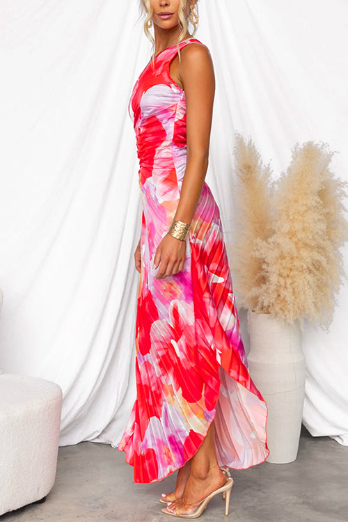 Damen One Shoulder Maxikleid mit Print asymmetrischem Schnitt und Falten