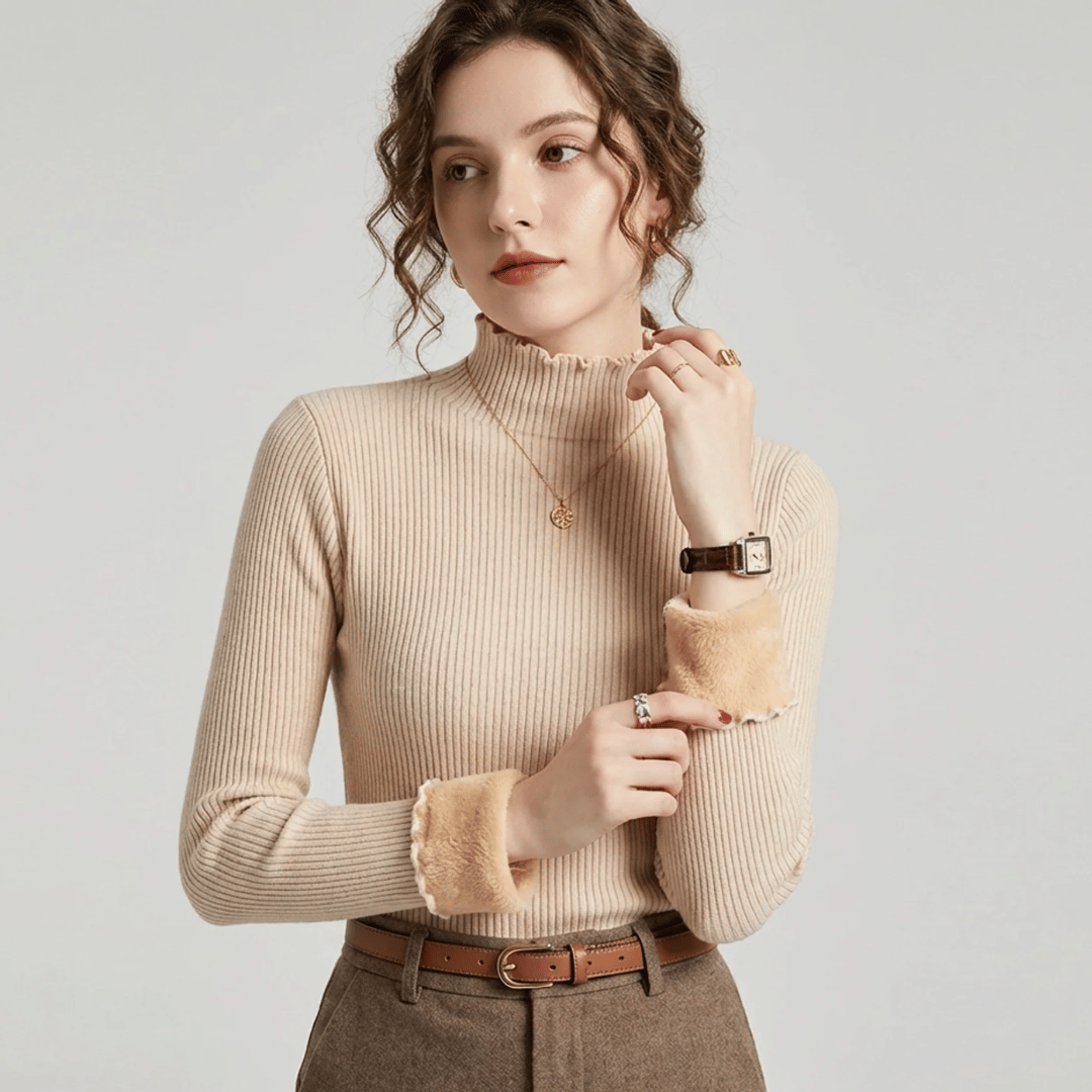 Damen Rollkragenpullover gerippt warm gefüttert