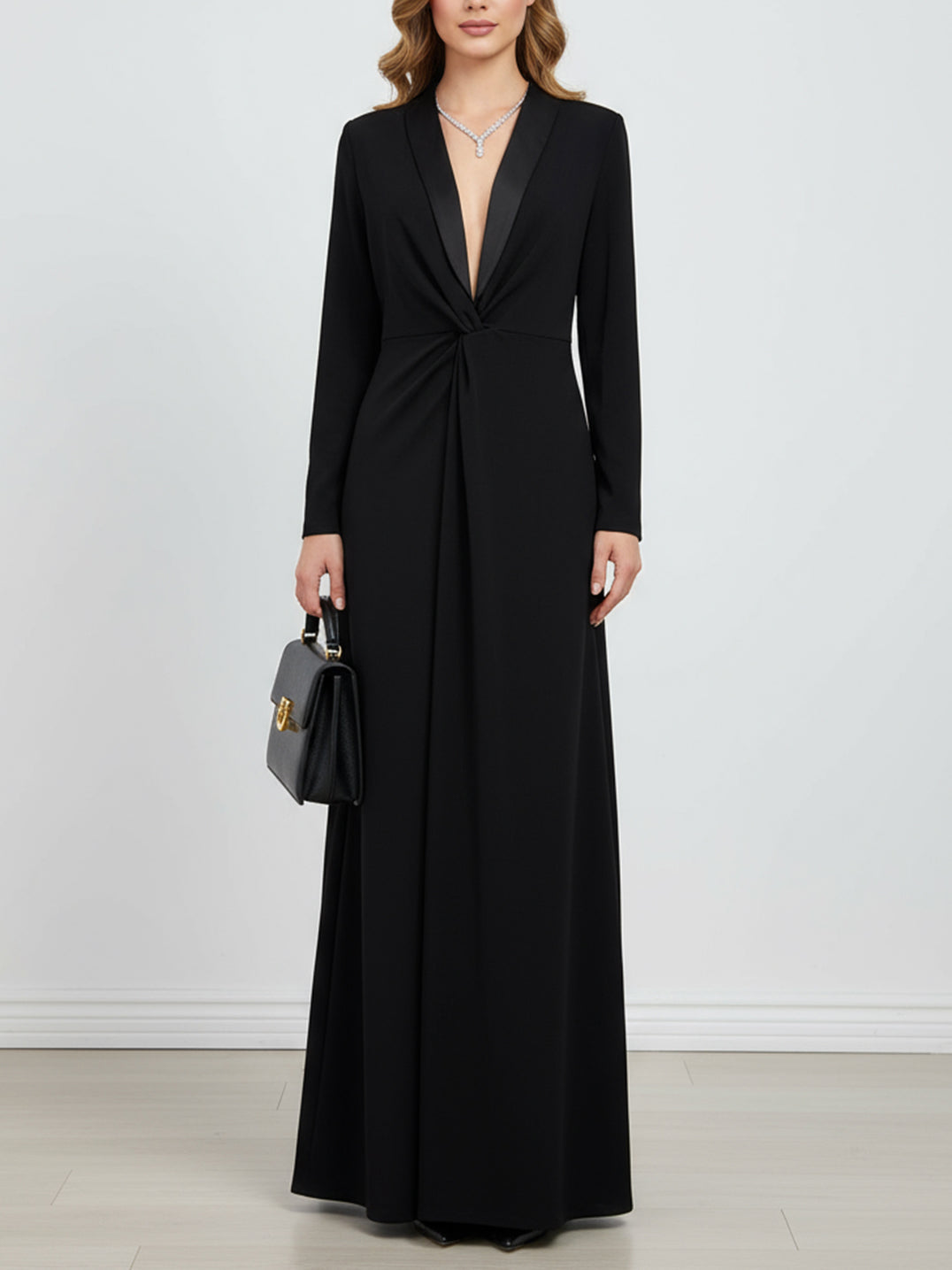 Langarm-Skinny-Maxikleid mit tiefem V-Ausschnitt – Unifarben