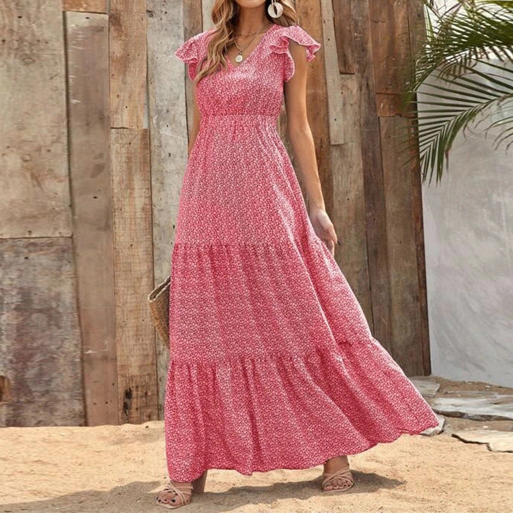Bohemien Kleid mit V Ausschnitt und Blumenprint kurze Ärmel