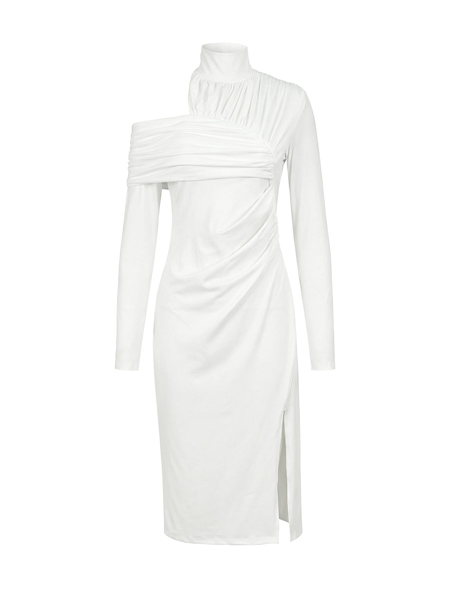 Asymmetrisches plissiertes Midikleid mit Stehkragen