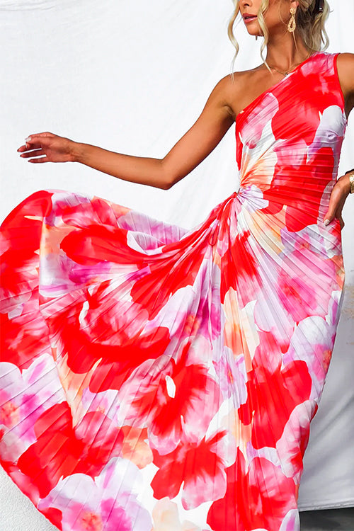 Damen One Shoulder Maxikleid mit Print asymmetrischem Schnitt und Falten