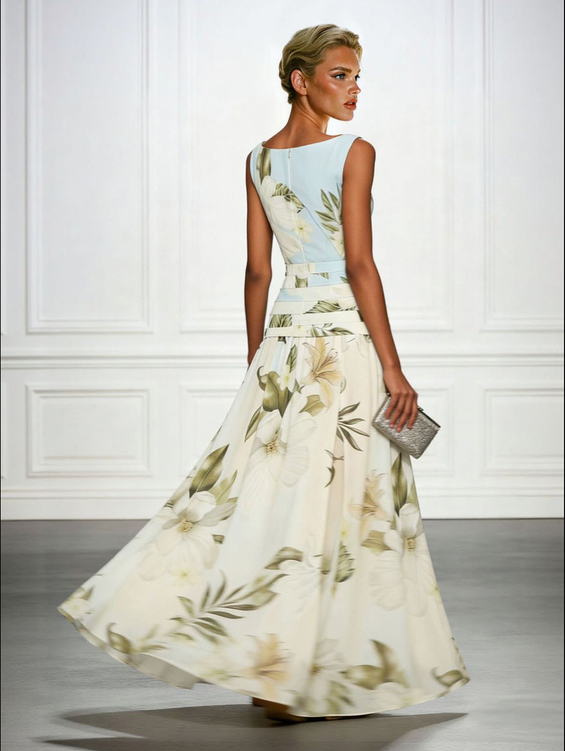Fresh ärmelloses Party Maxikleid mit Bootsausschnitt und Print