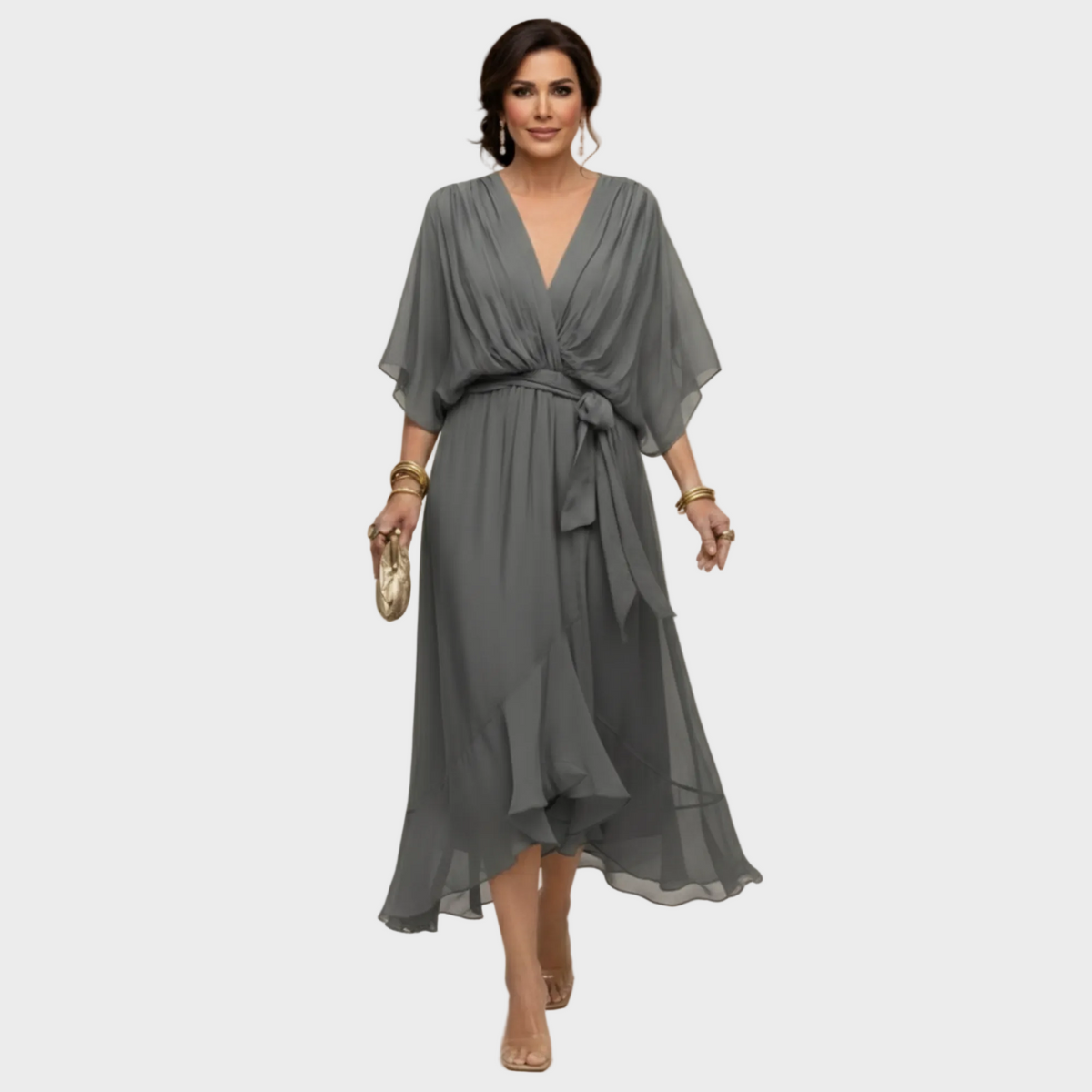Damen Midi Chiffonkleid mit V Ausschnitt und Bindegürtel