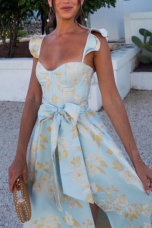 Partykleid mit Rüschenschultern Schleifenbund und Schlitz