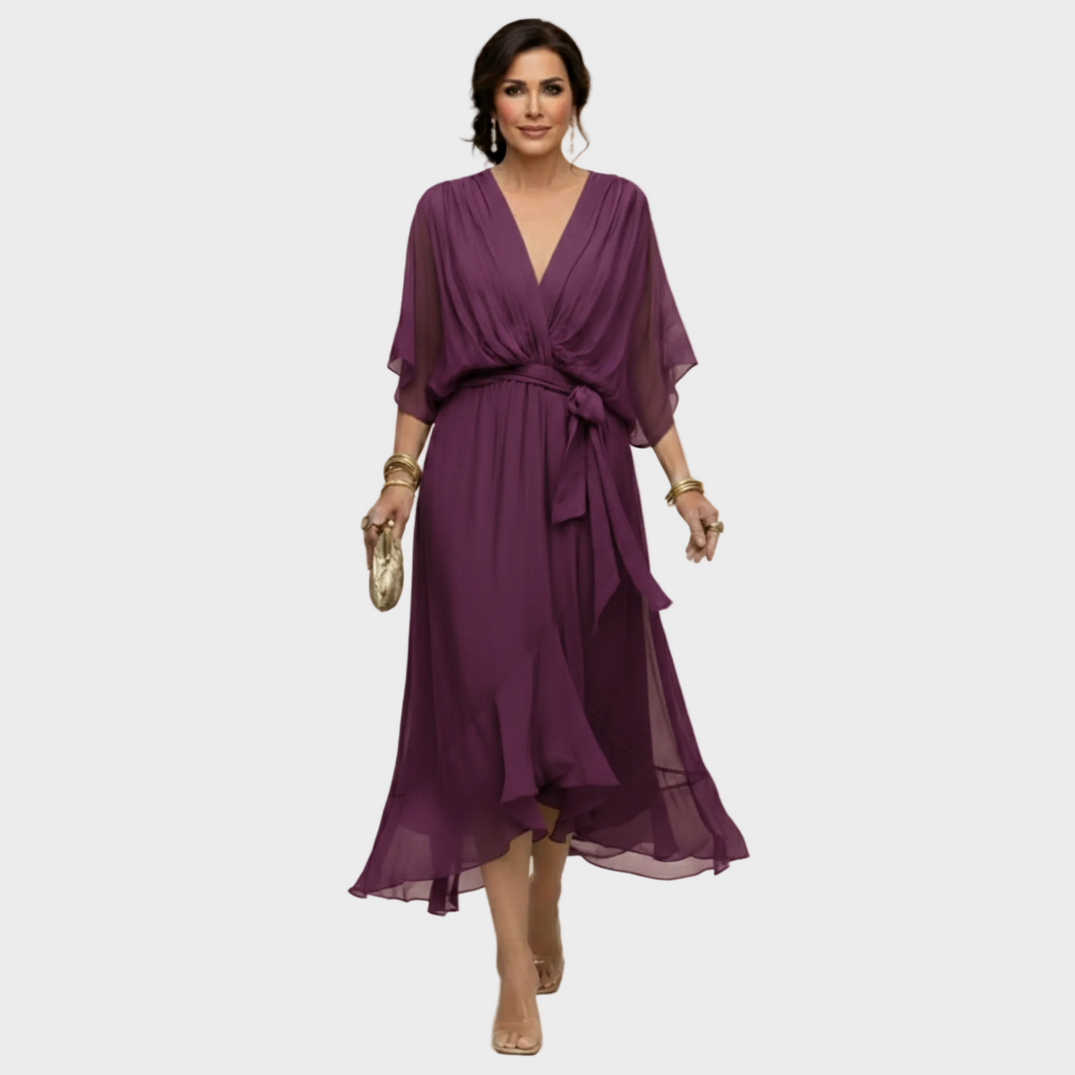 Damen Midi Chiffonkleid mit V Ausschnitt und Bindegürtel