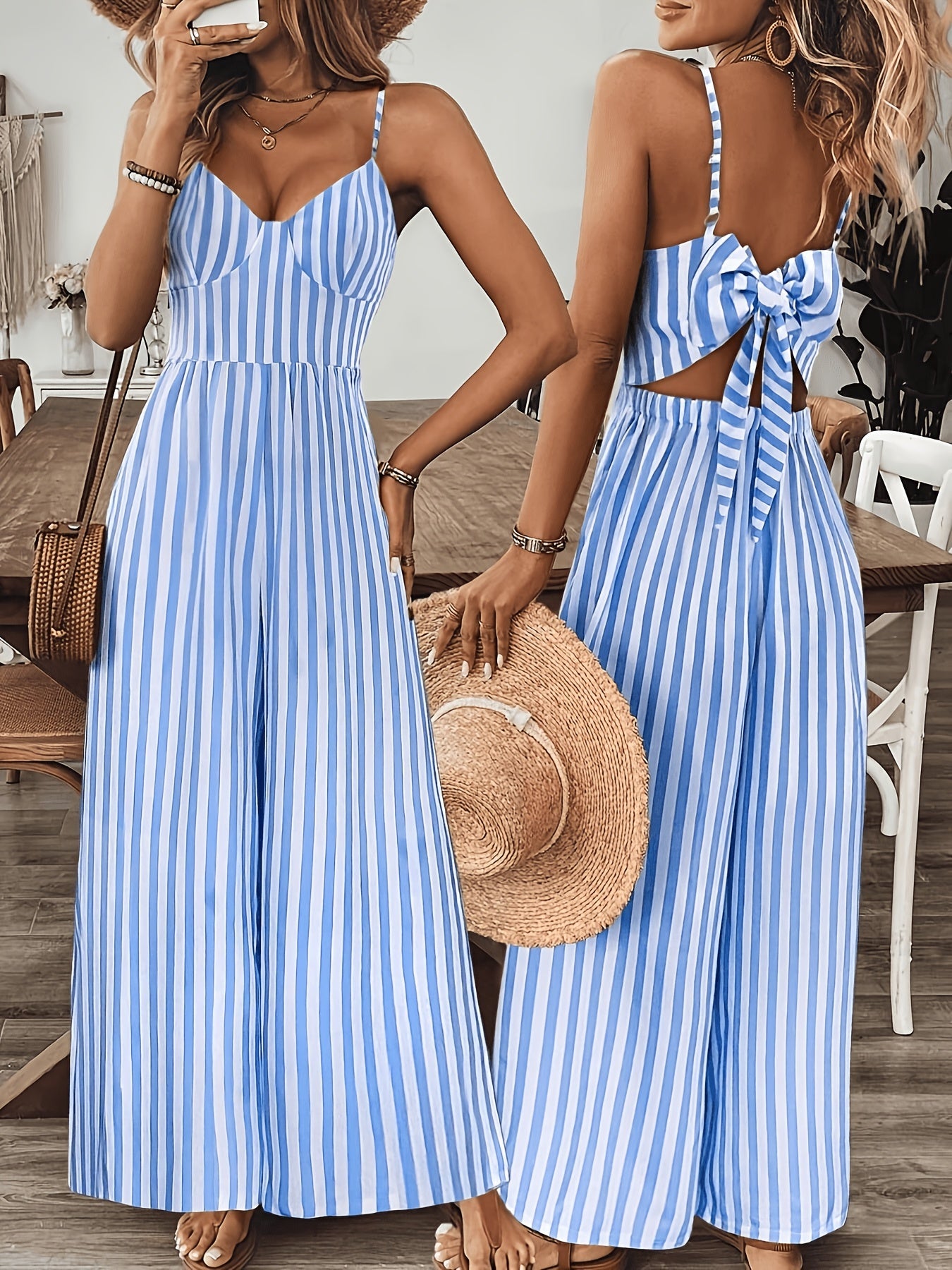 Damen gestreifter weiter Jumpsuit mit V Ausschnitt und Schleife hinten